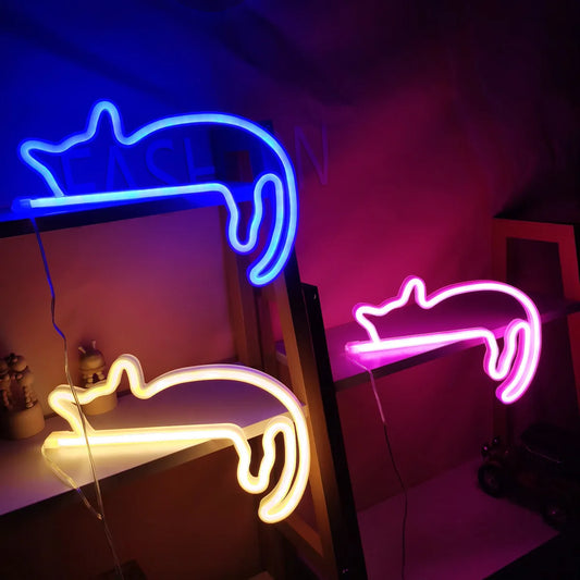 LED Lazy Cat Neon Light Animal Shaped Nightlight USB Battery Powered Wall Decoration Atmosphere Light Party Bar Background Light